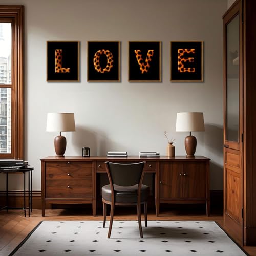 BWDDWB Leopard Print Wall Art 'LOVE' Sign, Furry Textured Canvas Posters Prints, Modern Black and Orange Home Decor for Living Room Bedroom Valentine's Day Gift 10" L x 8" W Set of 4 Unframed - color: Love Leopard, size: 10"L x 8"W
