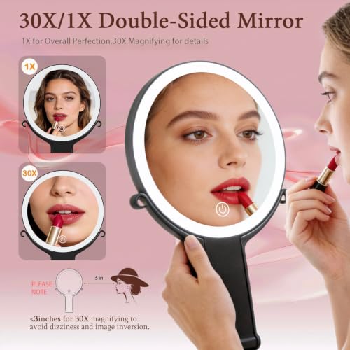 Travel Makeup Mirror with Lights & Foldable Stand, 6" Double Sided 1X/30X Magnifying Portable Lighted Hand Mirror for Men Women, 1X for Full Face & 30x high Magnification for Apply Eyelashes - color: Black(1/30x)