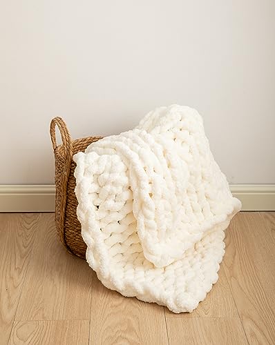 Chunky Knit Blanket Soft Chenille Yarn Knitted Throw Blanket 50"X60" Handmade Cable Warm Thick Giant Blanket for Couch Bed Trips (White, Throw 50"X60")?-¡ - color: Cream White, size: Throw 50"X60"