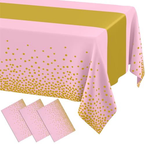 Smiry Disposable Rectangle Plastic 54 x 108 Inch Table Cloth 3 Pack - color: Pink and Gold