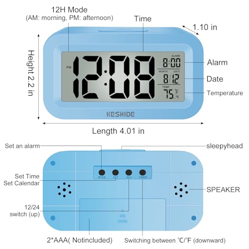 Travel Digital Alarm Clock Battery Operated with Indoor Temperature, Desk Small Clock,Snooze Model,12/24H Display for Bedrooms Heavy Sleepers Kids Travel Bathroom (Black) - color: Blue