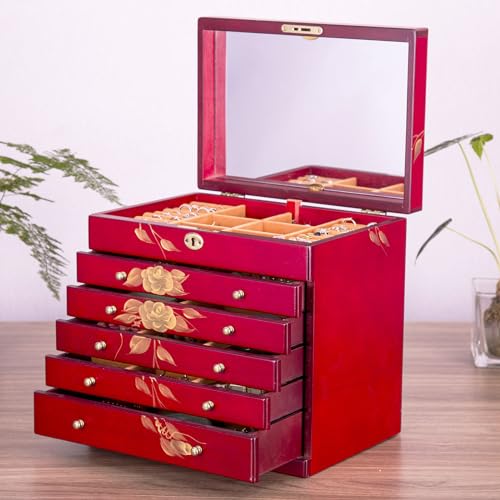 Hand Painted Rose Wood Jewelry Box 6-Layer Lockable Organizer Red
