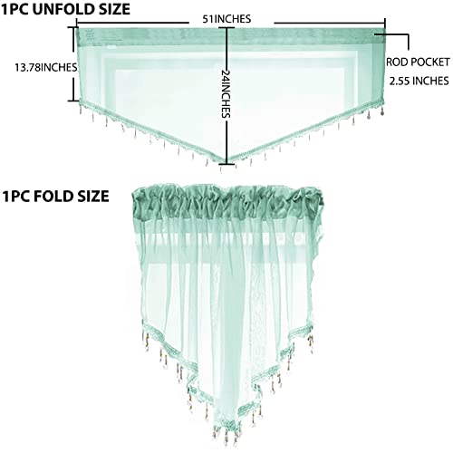 PearAge Beaded Sheer Valance Curtains for Living Room,Rod Pocket Farmhouse Window Valance, Bead Trim Tassel Voile Sheer Curtain Valance for Bedroom Bathroom Cafe 51x24 Inches (Mineral Blue) 1PC - color: Mineral Blue