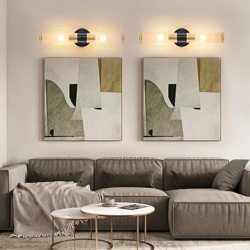 Morauroral Black Gold Battery Operated Wall Sconce, Rechargeable Wall Lights with Remote, 20 Inch Modern Wireless Wall Lamp for Bedroom, Living Room with Clear Glass Shade (Bulbs Included) - color: Gold(1 Pack)