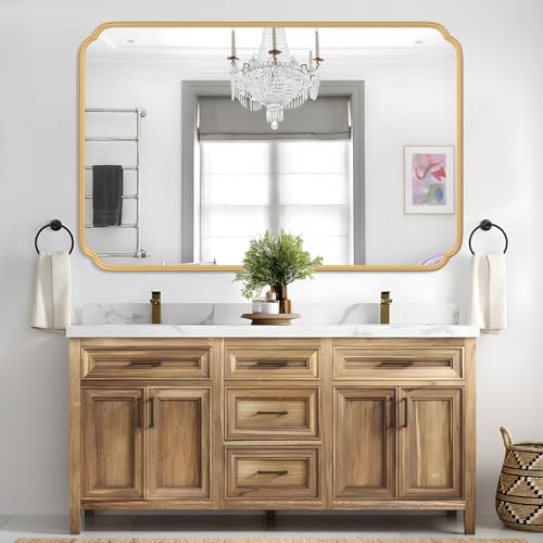 Ferytange 55X36 Inch Gold Metal Framed Bathroom Mirror for Wall, Large Rounded Rectangle Bathroom Vanity Mirror Farmhouse, Anti-Rust, Tempered Glass, Hangs Horizontally or Vertically - color: Gold, size: 55"L x 36"W