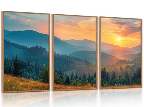 Aurlan 3 Pcs Mountain Sunset Framed Canvas Wall Art 16x24 Inch - color: Boho Mountain Sunset Landscape, size: 16"L x 24"W