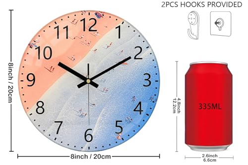 Pink Beach Wall Clocks, 8 Inch Glass Silent Battery Operated Clock - color: Pink Blue, size: 8 Inch