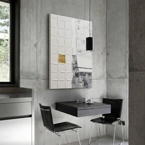 Modern Textured Abstract Blocks Wall Art, Gray White Oil Painting Artwork - color: White and Gray, size: 24"L x 36"W