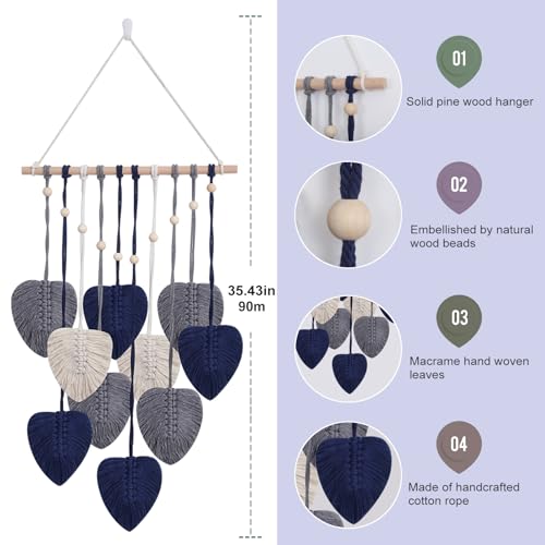 Macrame Wall Hanging Decor Leaves Tapestry, Boho Wall Decor Woven Feather Handmade Yarn Tassels Macrame Wooden Hanging Decorations for Office,Living, Bedroom, Nursery,Apartment Room,16x26 Inch(Blue) - color: Blue