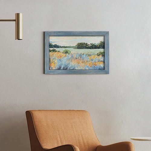 summer melody Abstract Landscape Natural Wood Framed Wall Art 24x16 Inch - color: Teal, size: 24"L x 16"W