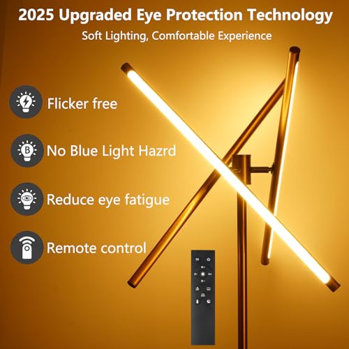 NUÜR Modern Gold Floor Lamp, Dimmable LED Standing Lamp with Remote - style: 3-Bar Linear Gold Floor Lammp
