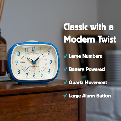 Kikkerland Retro Alarm Clock – Vintage Decor for Bedroom, Nightstand, Living Room, or Office – Battery Operated, Decorative Analog Clock, Blue - style: Blue Retro