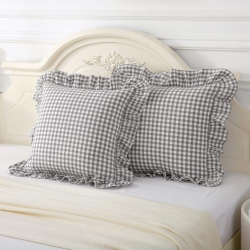Silnuo 2 Pack Grey/White Plaid Ruffle Throw Pillow Covers Farmhouse Checkered Pillowcases Washed Cotton Gingham Pillow Shams for Bed, Sofa, Living Room-20"x20" - color: Grey/White Plaid, size: 20" x 20" - Set of 2