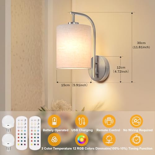 MATAMEYE Battery Operated Wall Sconce Set of 2, Brushed Nickel Wall Light - color: Brushed Nickel / Linen
