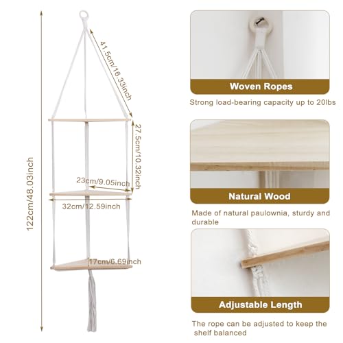 Artilady Corner Shelves Macrame Wall Hanging, 3 Tier Boho Storage - color: White - 3 Tier Macrame