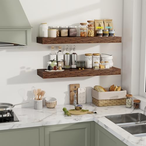 Acovy 36 Inch Floating Shelves, 12" Deep Floating Shelf Wall Mounted, 36" Wall Shelves, Rustic Deep Bookshelf, Extra Deeper & Thicker Display Shelves for Bedroom, Living Room, Brown, Set of 2 - color: Brown, size: 12"Wx36"L-2pcs