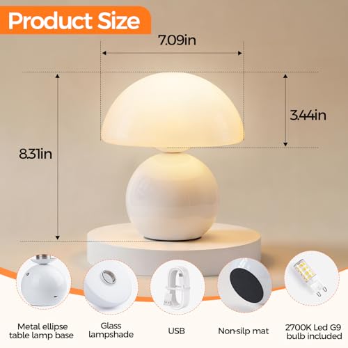 NIORSUN Wireless Mushroom Lamp,Table Lamp for Bedroom, Portables Cordless Lamps,Wireless lamp,Small Bedside Table Touch Lamps for Living Room,Mini Mushroom 5200mAh Battery Operated Lamp Modern (White) - color: White, size: 1 Pack-Wireless
