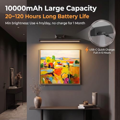 12" Picture Lights for Wall, 10000mAh Rechargeable Wireless Remote - color: Black, size: 12inch
