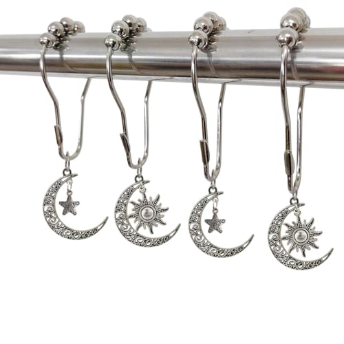 Decorative Sun Moon Celestial Shower Curtain Hooks Rings Set of 12, Silver - color: Silver