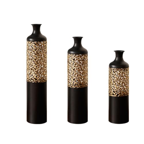 Floor Metal Decorated Vases Set of 3 for Gorgeous Home Decoration Large Glazed Metal Vases (Black) - color: Gold+black