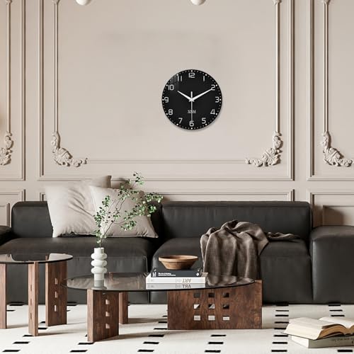 XNM Black Glass Wall Clocks Battery Operated 12 Inch - color: Black, size: 12 Inch