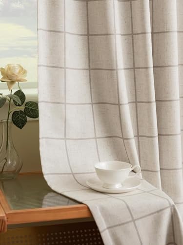 THREE GIRLS Pinch Pleated Plaid Curtains Blackout Linen Gingham Curtains for Living Room,Bedroom Checkered Patterned Insulated 84 Inches Long Double Layer 2 Panels Set Printed Design Darkening - color: Linen, size: 40"W x 84"L (Pack of 2)