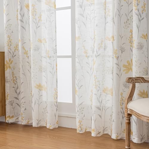 SUOUO Yellow Floral Semi-Sheer Curtains 84 Inches 2 Panels Rod Pocket - color: Yellow-grey, size: 52"W x 84"L (Pack of 2)