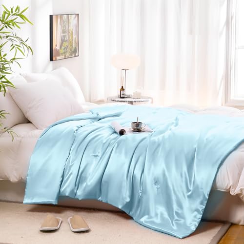 Vonty Baby Blue Satin Throw Blanket 50x60In, Cooling Silky Wrinkle-Free - color: Baby Blue, size: 50" x 60"