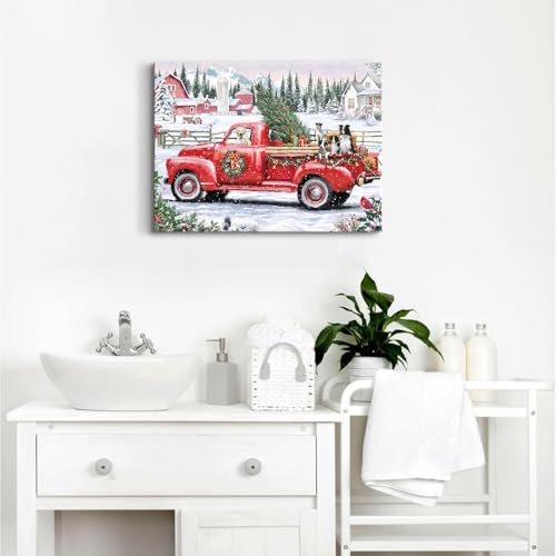 Christmas Canvas Wall Art Vintage Red Pickup Truck Wall Decor Christmas Tree Prints Picture Rustic Farmhouse Dogs Paintings Retro Country Scenic Artwork for Living Room Bedroom Home Decorations 12x16" - color: Red Pickup, size: 16"L x 12"W