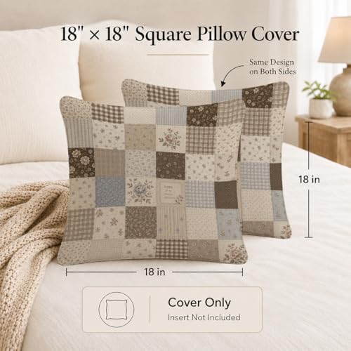 Neutral Farmhouse Floral Patchwork Throw Pillow Cover 18x18 - color: Chocolate