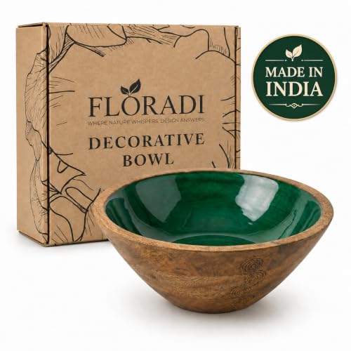 Green Wooden Decorative Bowl, Mango Wood Bowl Decor, High-Gloss Interior