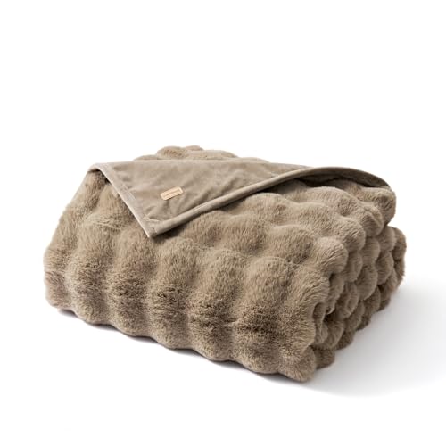 EverGrace Faux Rabbit Fur Bubble Throw Blanket, 50"x60", Greige - color: Greige, size: 50"x60"