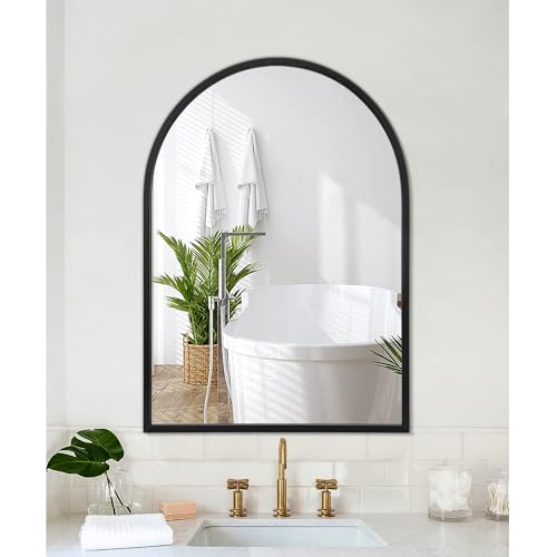 Arch Wall Mirror Bathroom Mirror Black Metal Framed Mirror, Arched Wall Mounted Vanity Mirror for Bedroom Entryway Living Room 26"x18" - color: Black, size: 26"L x 18"W