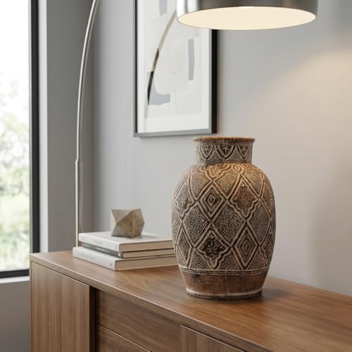Ceramic Vase 14.56" Tall – Hand-Carved Moroccan Geometric Pattern, Dark Brown Vintage Finish – Indoor & Outdoor Statement Décor for Living Room, Entryway & Shelf - Arvad