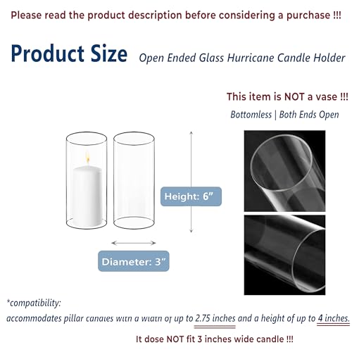 CYS EXCEL 6 PCS (H:6" D:3") Open Ended Glass Hurricane Candleholder Tube Shade | Multiple Size Choices Open Flame Candle Chimney Tube Cover | Bottomless Cylinder - size: 3" wide x 6" tall