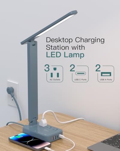 Addtam LED Desk Lamp, Power Strip with 3 Outlets 4 USB Charging Ports(2 USBC), 4 Modes 5 Level Brightness Touch Lamp, Small Desk Lamp for Home Office College Dorm Room Essentials, Blue - color: Blue, size: 5 FT