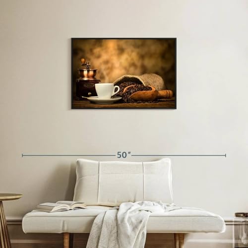 ElephantStock Rustic Coffee Wall Art - Horizontal Framed Canvas - 1-Piece Living Room Wall Decor - Photography Photographic Canvas Print - White and Brown Decor for Wall - 31" X 21" - color: Rustic Coffee Wall Art Canvas Floating Frame Single Piece, size: