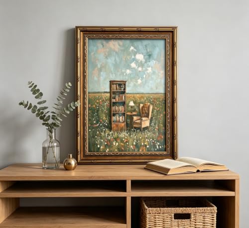 Vintage Gold Framed Reading Wall Art Whimsical Book Lover Painting Canvas Impressionist Flower Field Picture Wall Decor French Rustic Book Nook Bookish Gifts Print Artwork For Reading Room Bedroom - color: Book, size: 24"L x 16"W