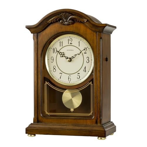 DODEKA Wooden Mantel Clock TCW004DB Pendulum Carved Case Hourly Chime Classic Melody Antique Style for Fireplace, Table, Bedroom, Living Room