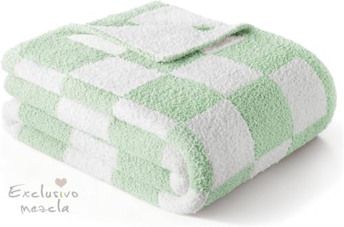 Exclusivo Mezcla Checkered Knit Blanket Twin Size for Bed, Sage Green - color: Sage Green, size: Twin (60"x80")
