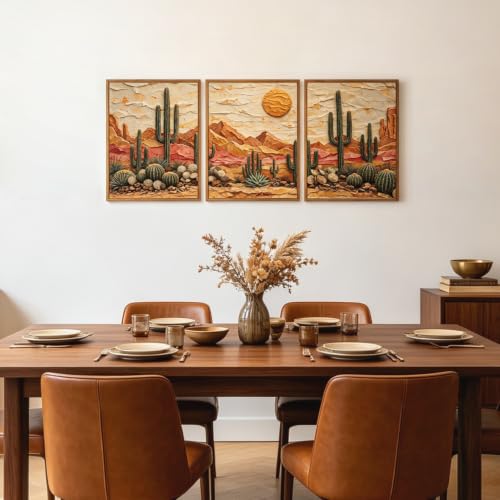 Aurlan 3D Textured Cactus Arizona Desert Framed Canvas Wall Art 12x16 Inch - color: Cactus Desert (3D Textured), size: 12"L x 16"W