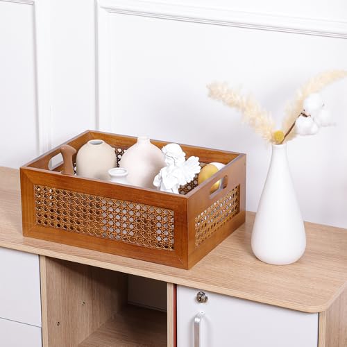 Rattan Wooden Box 14x10x6in Handmade Decorative Storage Basket with Handles - color: Brown, size: 1 Set - 13.8" x 9.8" x 5.5"