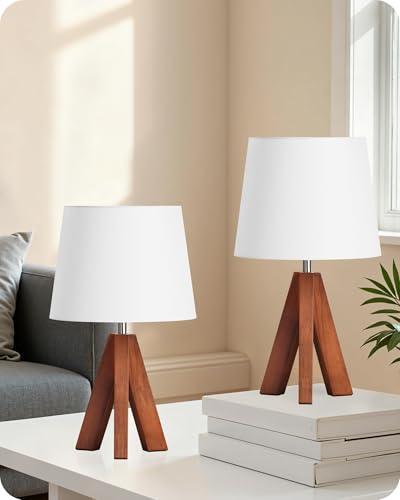 Small Tripod Table Lamps Set of 2, Modern Nightstand Lamp with Fabric Shade, Boho Bedside Wood Desk Light for Bedroom, Kids Room, Living Room, Office, Study, Dark Wood and White, LW51TLP205 - color: 2Pack White+Pearwood