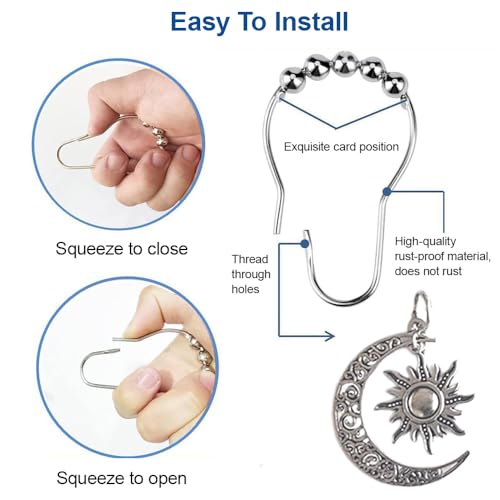 Decorative Sun Moon Celestial Shower Curtain Hooks Rings Set of 12, Silver - color: Silver