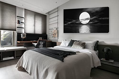 Cao Gen Decor Art S06475 Wall Art Canvas Sea White Full Moon in Night Picture Canvas Poster Print Black and White Ocean for Living Room Bedroom Kitchen Home Decorations Framed Artwork - color: Black, size: 58"L x 29"W