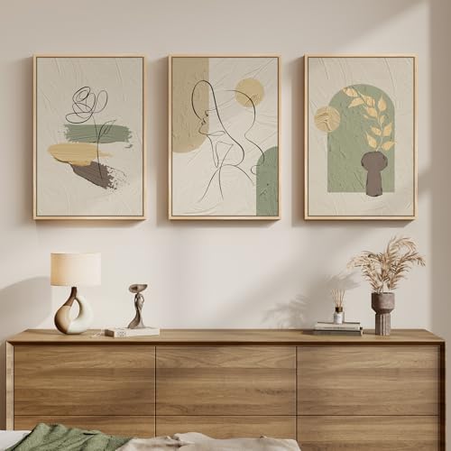 3 Piece Framed Abstract Boho Neutral Minimalist Wall Art Bedroom, 16x24 In - color: Beige Green, size: 24" H x 16" W x 3Pcs