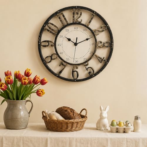 ZOOFOX 12 Inch Retro Wall Clock, Silent Non-Ticking Battery Operated Movement Decorative Round Quartz Wall Clock, Raised 3D Arabic Numeral Clock for Home, Living Room, Kitchen, Office