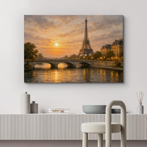 wall26 Canvas Print Wall Art Paris Eiffel Tower Sunset over the Seine River Cityscape Photography Realism Chic Landscape Colorful Multicolor for Living Room, Bedroom, Office - 12"x18" - color: A33-2512-SAR08, size: 18"L x 12"W
