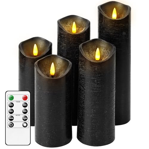Nimiko Flickering Flameless Candles with Remote Control and Timer Set of 5 Pc Real Wax LED Pillar Candles, Battery Operated Candles(D2.2×H5/5.5"/6"/7"/8") Home Decor Flameless Candles(Black) - color: True wax black