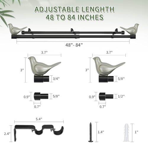 3/4" Diameter Farmhouse Double Window Treatment Curtain Rod, Pewter Bird Finials (48"-84", Black Rod) - color: Black with Pewter Finial, size: 48"-84"